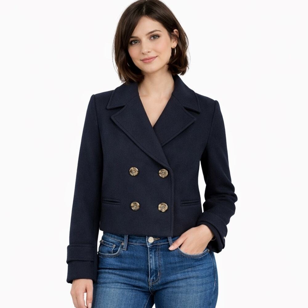 Anthropologie Cartonnier Luisa Cropped Wool Blend Jacket Blazer Blue Size Medium